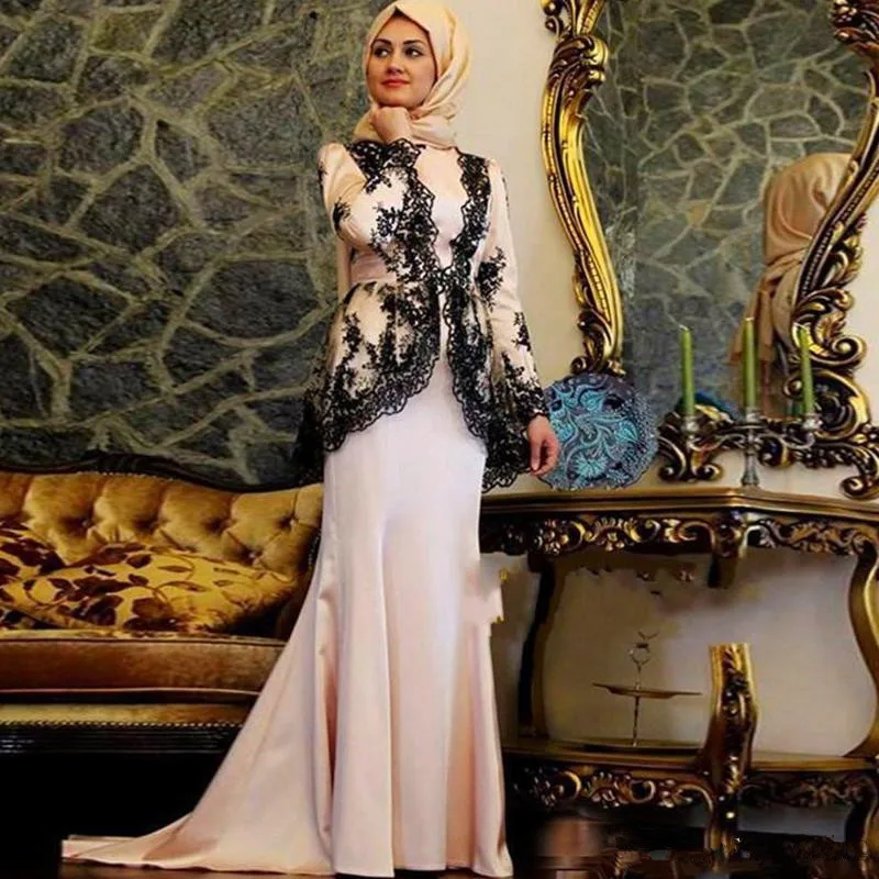 

Elegant Muslim Evening Dresses Mermaid Long Sleeves Lace Formal Islamic Scarf Dubai Saudi Arabic Long Prom Evening Gown