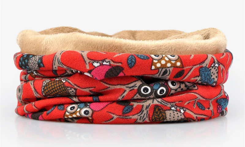 thick red Лидер продаж, осенне-зимняя шапка Skullies, толстая теплая шапка-тюрбан, женская модная повседневная шарф с принтом совы, женский шарф, шапка двойного назначения - Цвет: thick red
