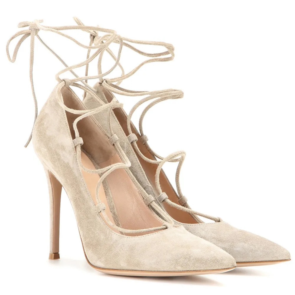 Beli Terbaru Musim Gugur Sepatu Wanita Hitam Beige Suede Pompa Tali Pergelangan Kaki Renda Sepatu Hak Tinggi Ujung Runcing Sepatu Hak Wanita Pengantin Wanita Sepatu