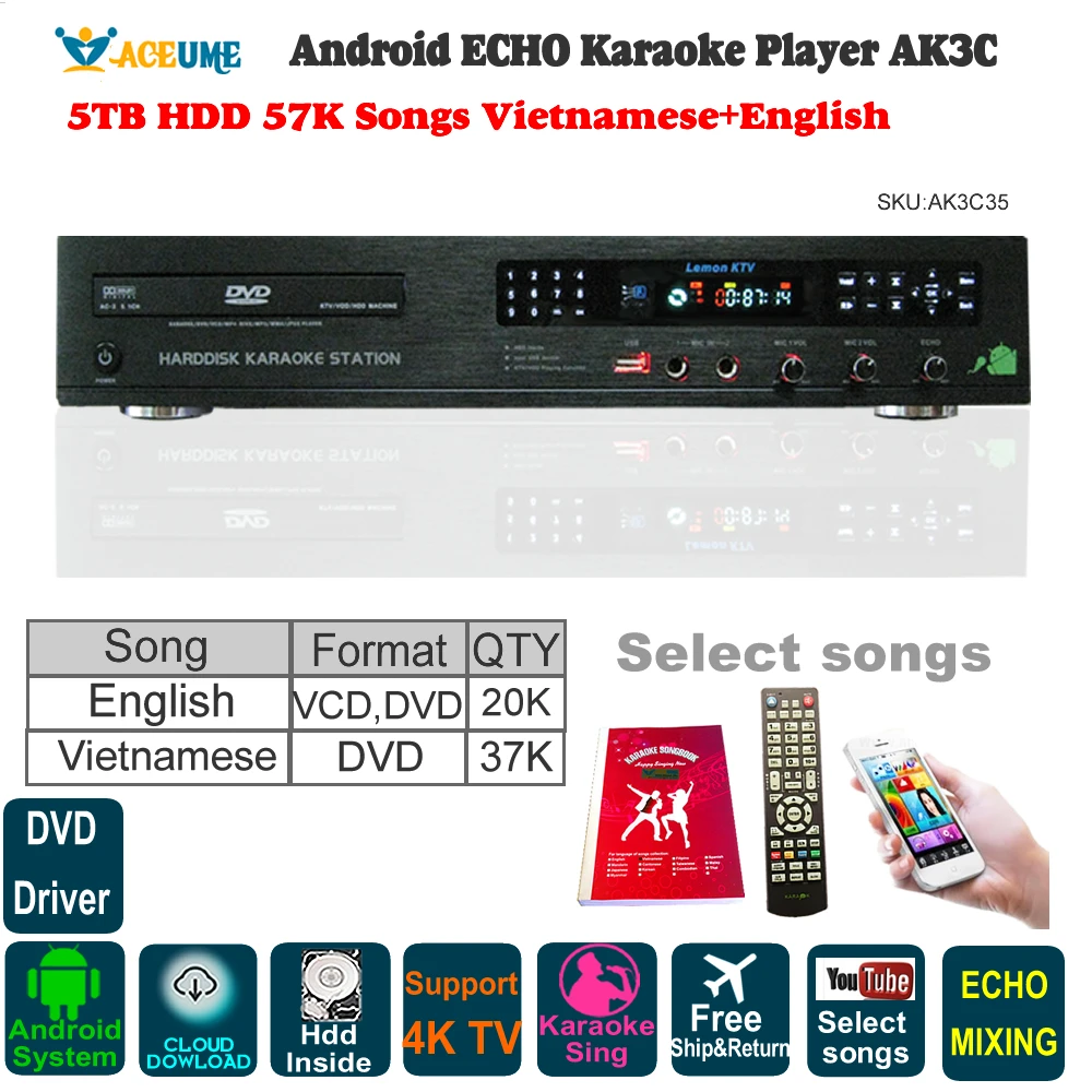 AK3C 5 ТБ HDD 57K английский вьетнамский Songds Android облачный караоке плеер/музыкальный