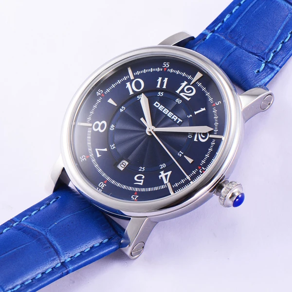 Модные Классические мужские часы 43 мм с голубым ремешком черный чехол датой