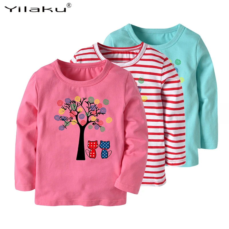 

Осенние топы для девочек Yilaku, хлопковая футболка с длинным рукавом для девочек, футболка с мультяшным принтом кота и дерева, детская одежда ...