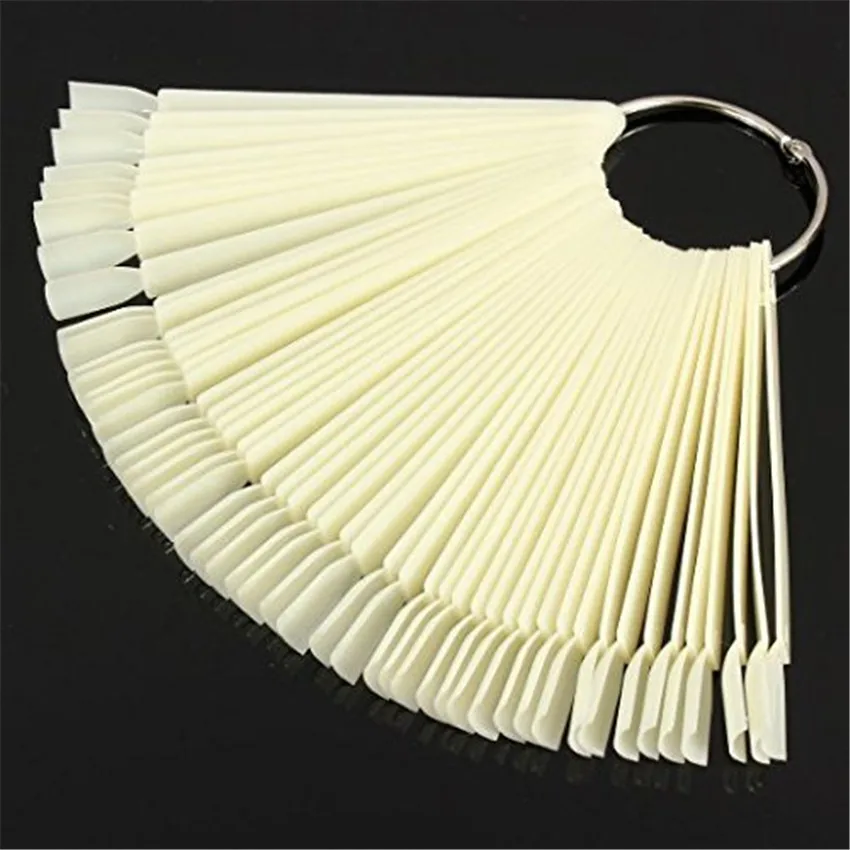 50 Natural Acrylic False Tip Sticks with Metal Ring Holders Fan-Shaped Nail Art Display Chart Practice Tips Tool - |