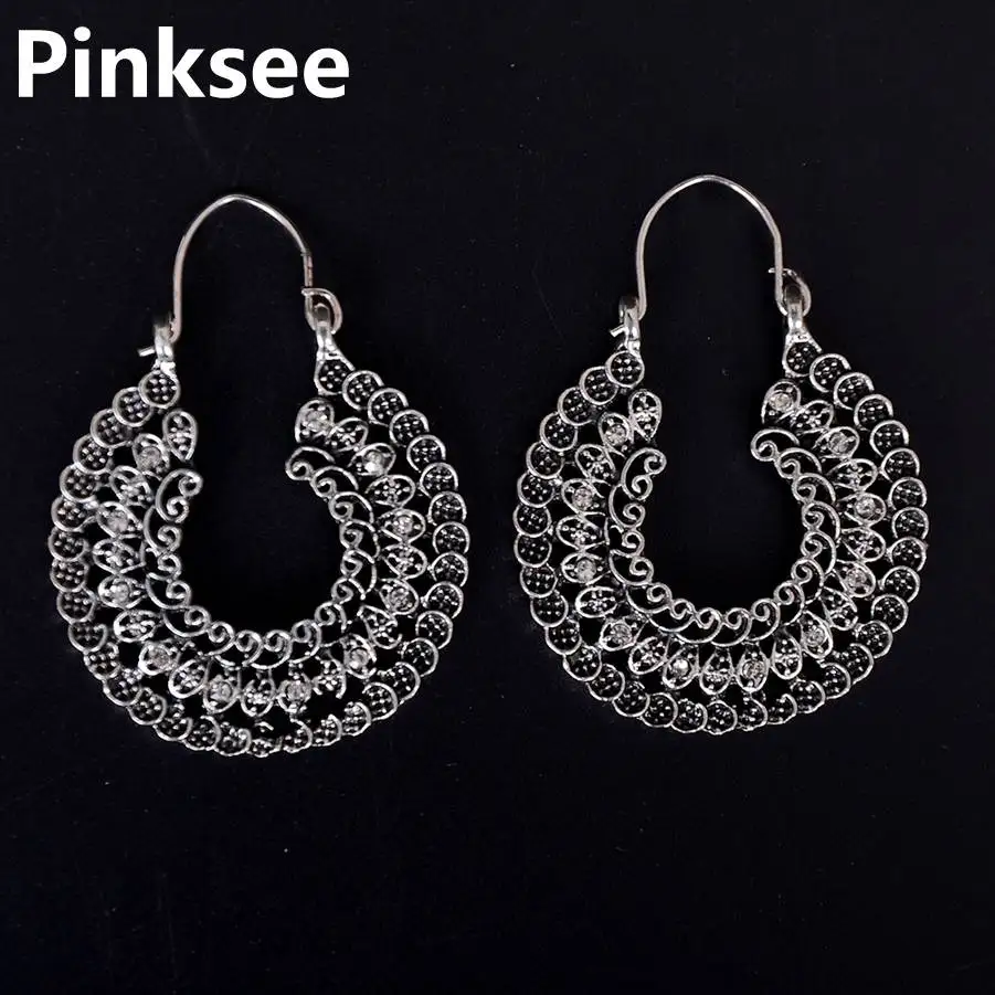 1 Pair Indian Brass Tribal Hollow Flower Spiral Drop Earring Big Charming Circle Jewelry Geometric Hanging Dangle Ear Piercing | Украшения