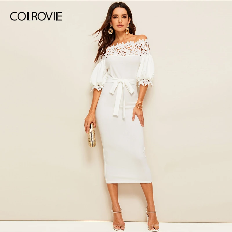 COLROVIE, белое гипюровое кружевное платье-карандаш с хомутом, с рукавом Бишоп, для женщин,, летнее, элегантное, с открытыми плечами, облегающее, для девушек, платья