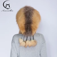 newowlb fashion red fox fur hat young lady warm luxury tassels design hat winter natural fox fur hats with shawl protect skin