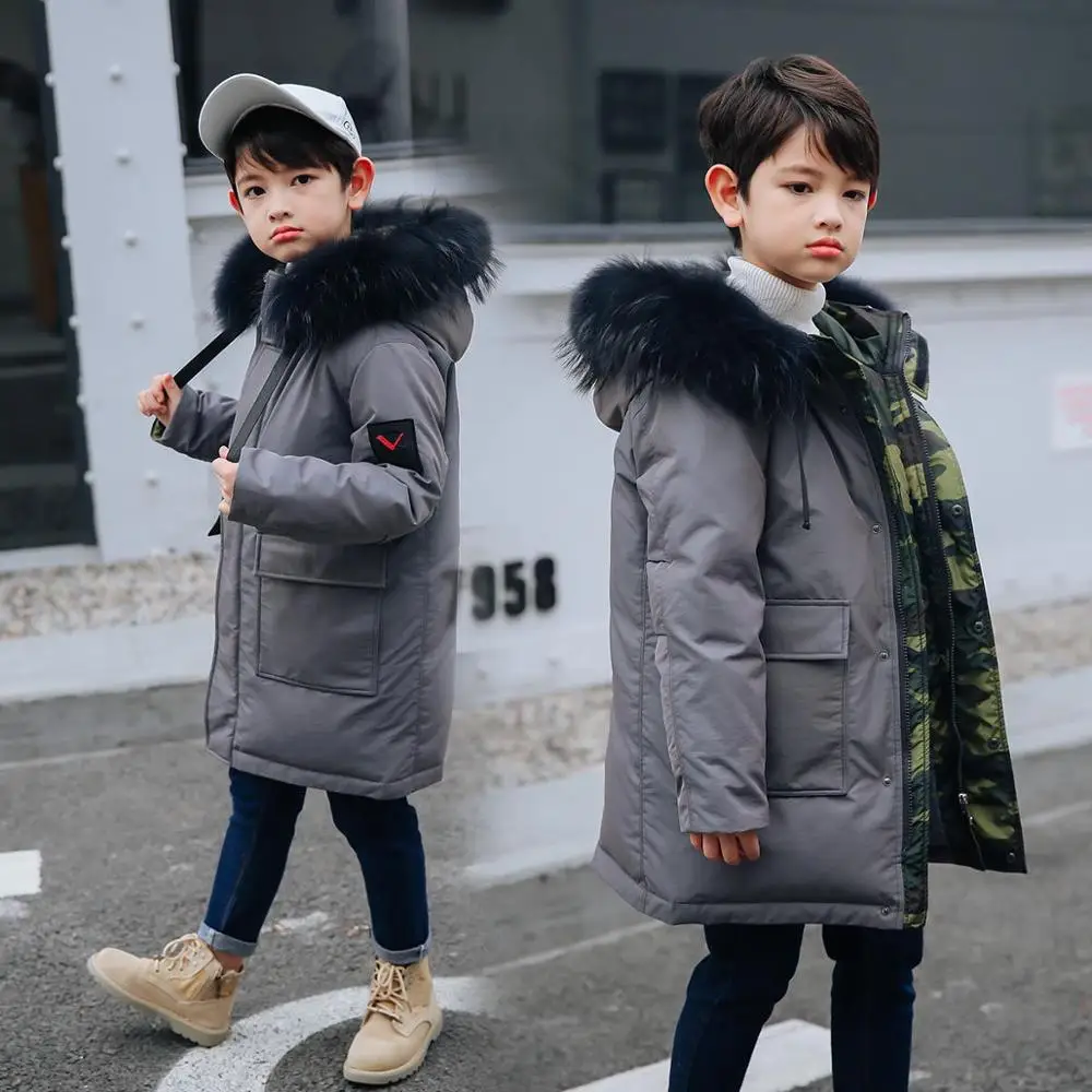 Model 4 Gray Детские зимние теплые пуховики куртка с меховым капюшоном для мальчиков-подростков до-25 градусов детская утепленная верхняя одежда на утином пуху, пальто - Цвет: Model 4 Gray
