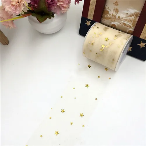 Beige 22 м/лот 6,5 см тюль рулон звезды с блестками сетка подарочная лента из органзы коробка упаковочные принадлежности Свадебная вечеринка настольная дорожка украшение - Цвет: Beige