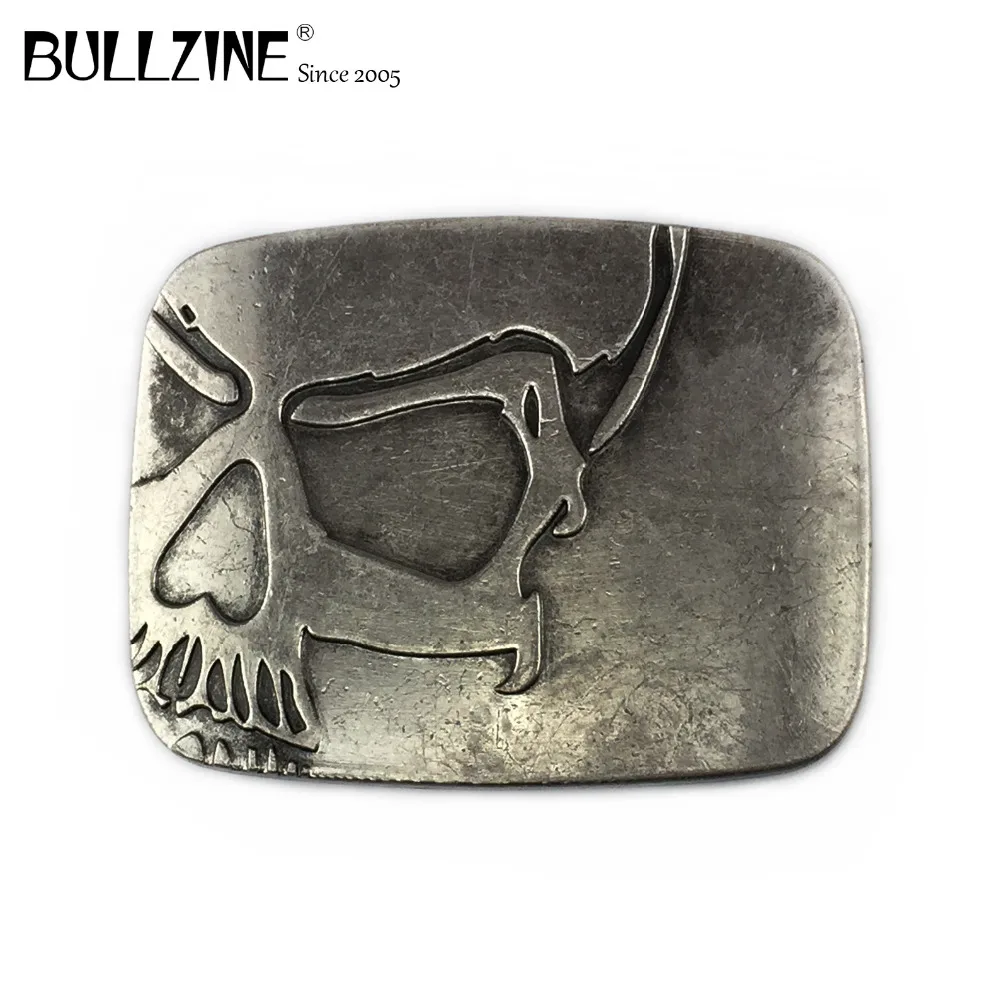 В Bullzine тяжелый Череп Пряжка на ремешке с Античная Серебряная отделка поясом из