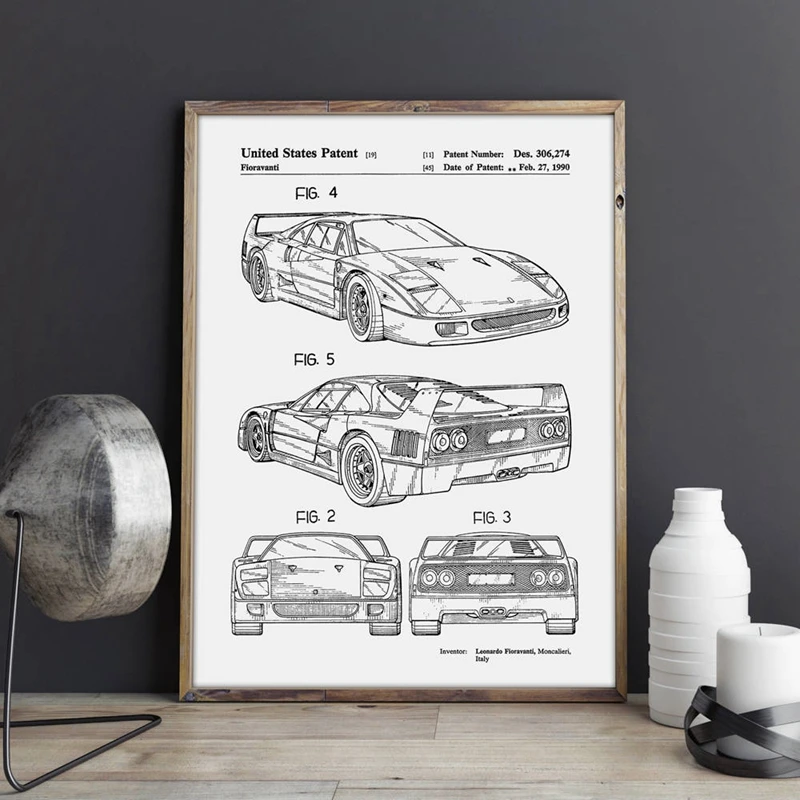 Автомобильный постер Ferrari F40 с патентованными принтами настенный для декора