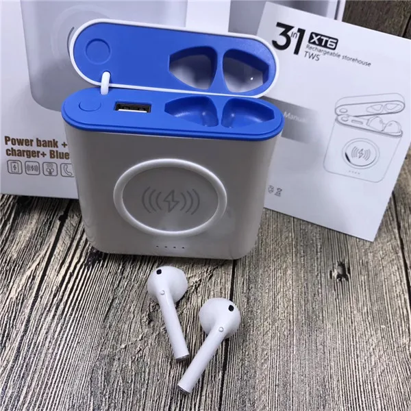 blue XT6 bluetooth-наушников TWS стерео гарнитура Близнецов с 5200 мА/ч, Беспроводной телефон Зарядное устройство чехол для iPhone X 8 7 Plus Xiaomi для samsung - Цвет: blue