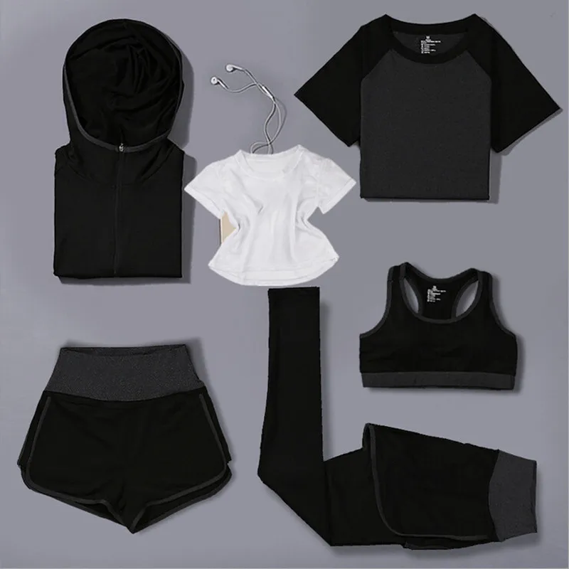 6 piece set h Сетчатая футболка+ сексуальный бюстгальтер+ пальто с капюшоном+ шорты+ леггинсы для женщин, комплект из 6 предметов, быстросохнущая Спортивная одежда для бега, одежда для фитнеса, тренажерного зала - Цвет: 6 piece set h