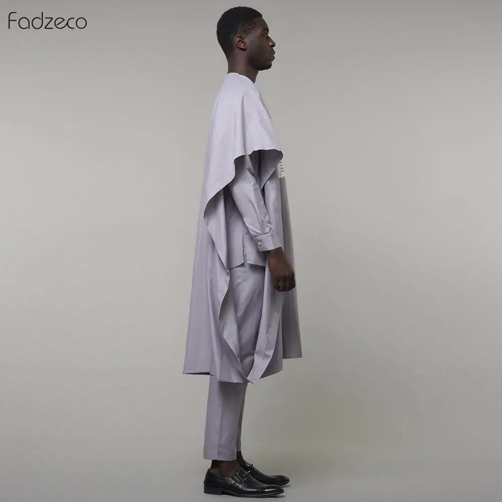 Fadzeco Agbada 2019 Мужская африканская 3 шт. размера плюс Dashiki белая вышивка приталенная