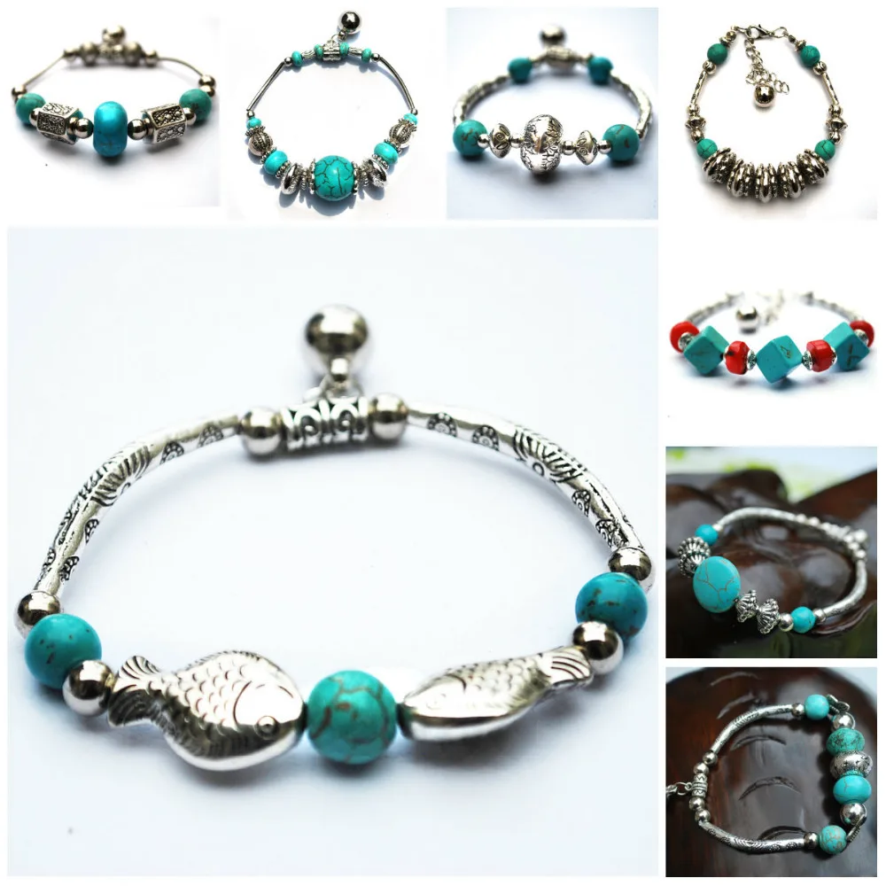 Подарок для девочек тибетский серебристый цвет цветы сердце браслет с Зелеными