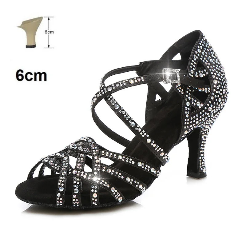 Black 6CM HROYL Для женщин Латинская танцевальная обувь для женщин и девушек Сальса сандалии стразы женские бальные туфли для танцев, танцевальное платье сексуальное Вечерние Heedl6/7,5/8,5/10 см - Цвет: Black 6CM