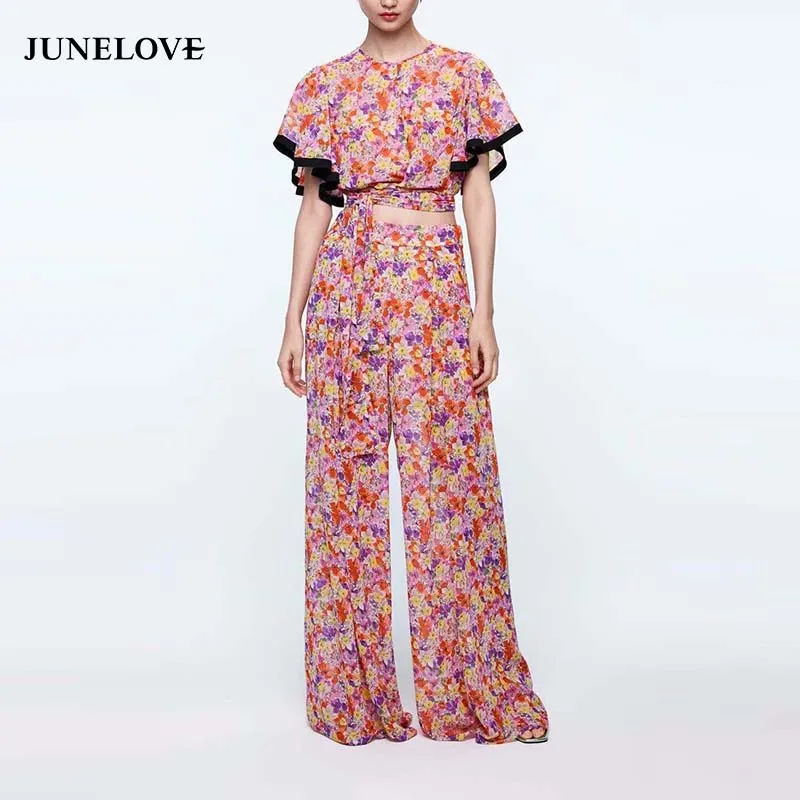 JuneLove Женская Летняя короткая блузка с цветочным принтом рубашки женские