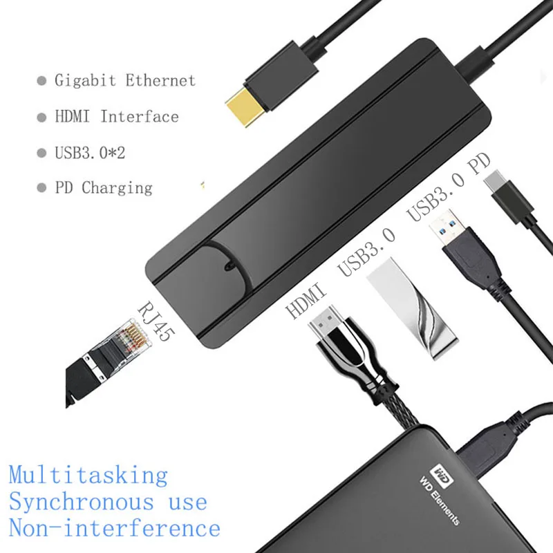 Fealushon док станция Тип C к HDMI USB3.0 RJ45 гигабит PD концентратор для ноутбука Macbook Pro HP DELL