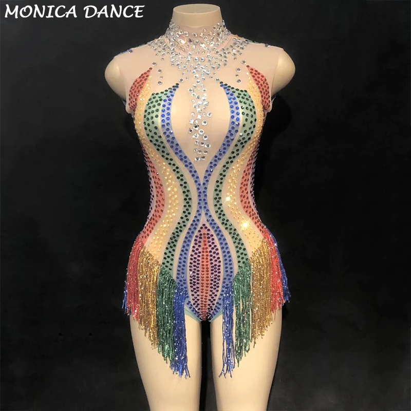 Women Colorful Rainbow Tassel Mesh Leotard Rhinestones Perspective Fringes Bodysuit Stage Outfit Wear Performance Dance Costume