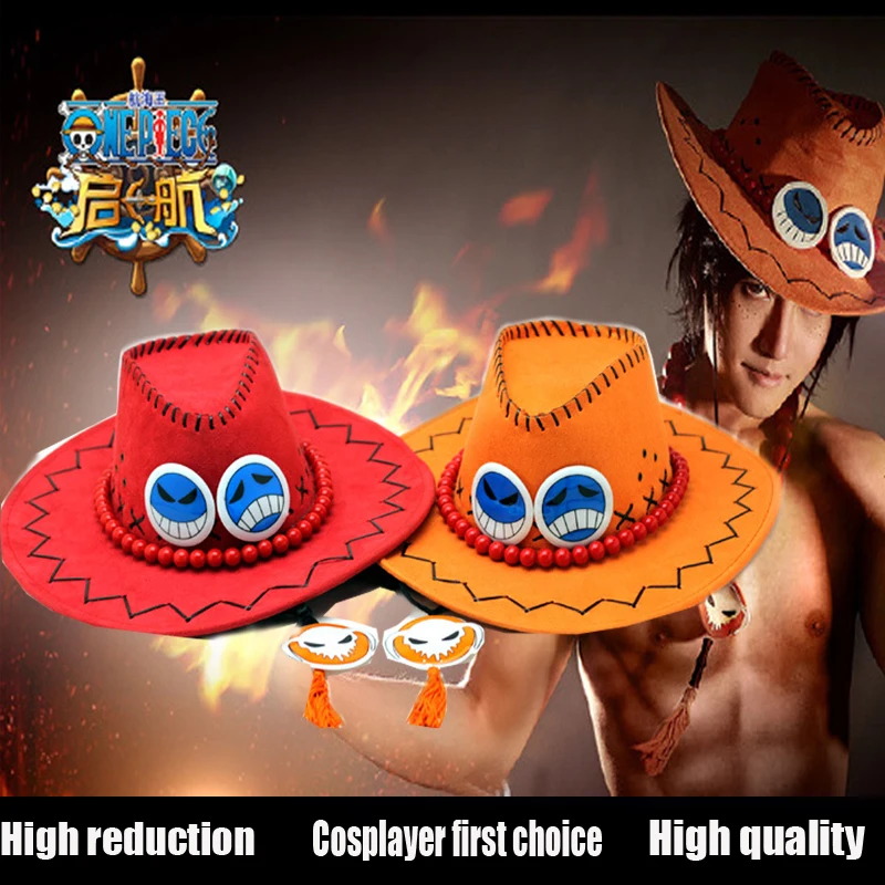 

Ace One Piece Hat Anime Cosplay Cap Hats Toy Cartoon Hats Cowboy Hat Doll Red Orange Color to Choose Free shipping