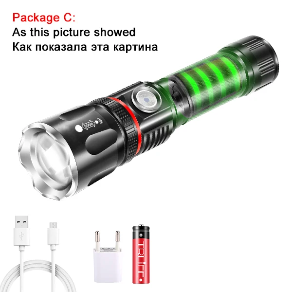 Package C Светодиодный фонарик с зарядкой от usb, самый мощный, окружающий COB светильник+ задний магнит, дизайн с поддержкой зума, 4 режима освещения, водонепроницаемый фонарь - Испускаемый цвет: Package C