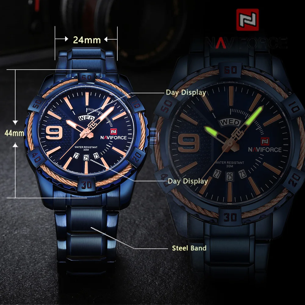 NAVIFORCE Топ бренд класса люкс мужские часы синий водонепроницаемый Дата Неделя кварцевые часы человек полный сталь спортивные наручные часы Мужские часы