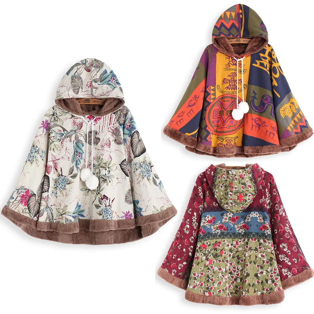FREE OSTRICH Winter Coat Women Warm Vintage Print Ethnic Jacket Femmes Hooded Outerwear Drawstring Pom Poncho Coat