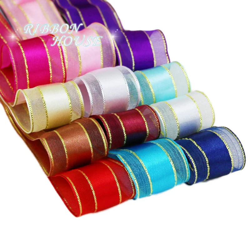 (25yards/roll)25mm gold edged satin ribbon high quality gift packaging wedding ribbons | Дом и сад