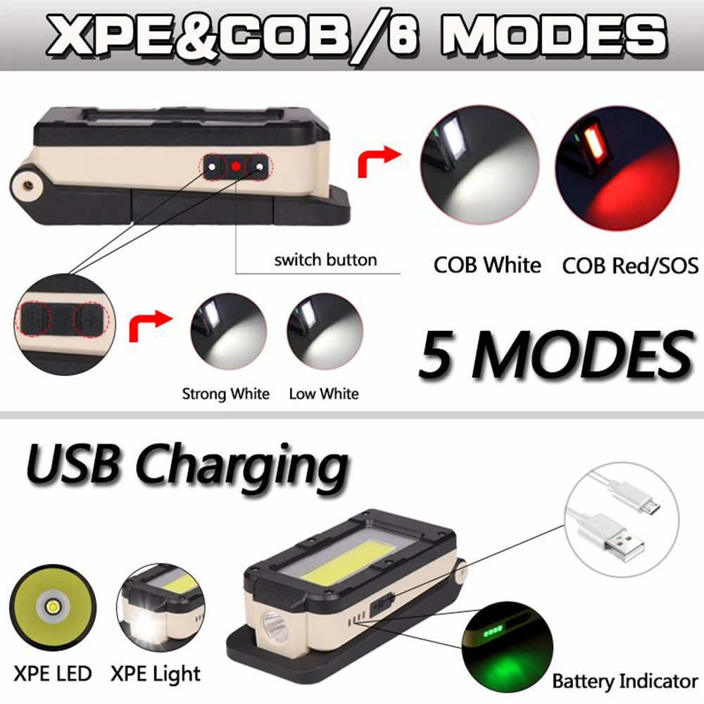 Новое поступление USB Перезаряжаемый рабочий свет COB + XPE светодиодный фонарик