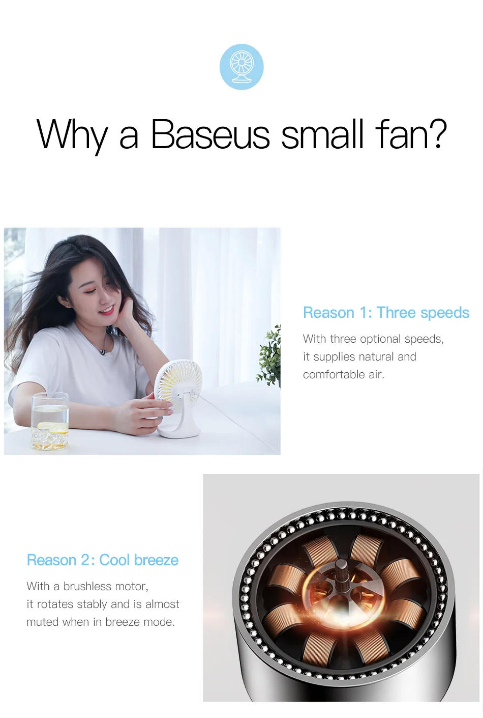 Baseus Mini USB вентилятор Перезаряжаемые USB вентилятор Портативный воздушный вентилятор охлаждения 3 уровня регулировки настольного вентилятора охлаждения кулер с органайзером
