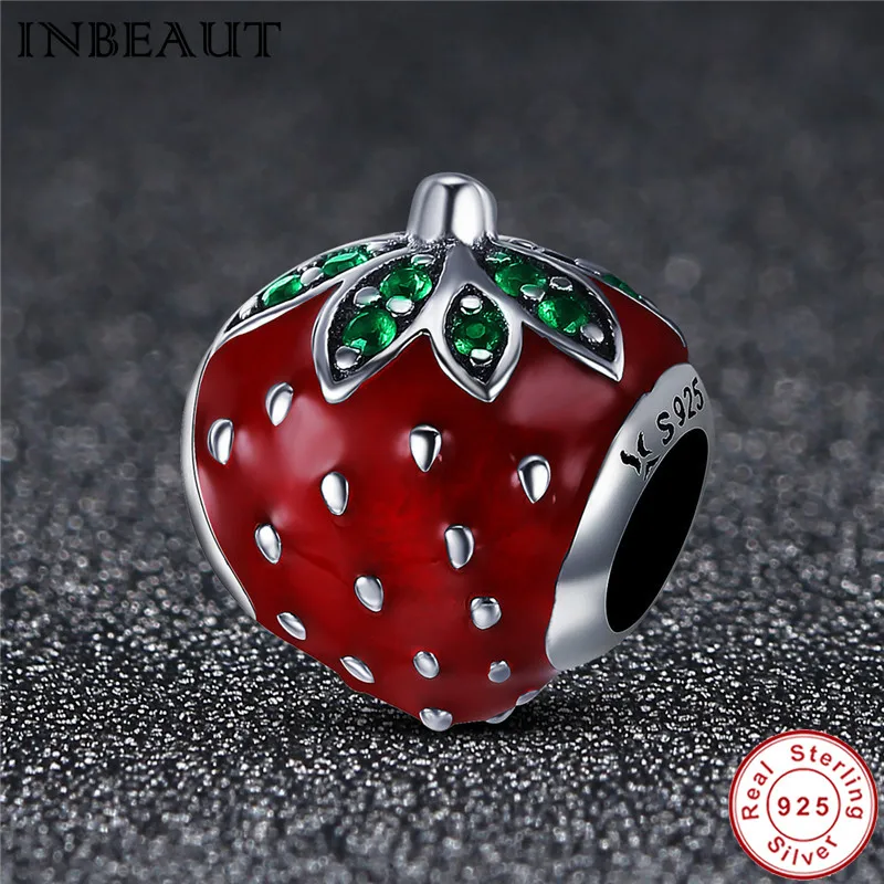 INBEAUT настоящий 925 пробы Серебряный Красный Клубничный эмалированный бисер женский милый фруктовый Шарм Подходит для Pandora браслет ювелирные изделия