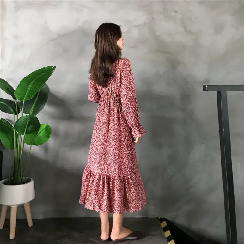 Hzirip 2018 Women Dress Summer Casual Floral Print Chiffon Dresses Ladies Long Lantern Sleeve V-Neck Bow Mid-Calf Vestidos |