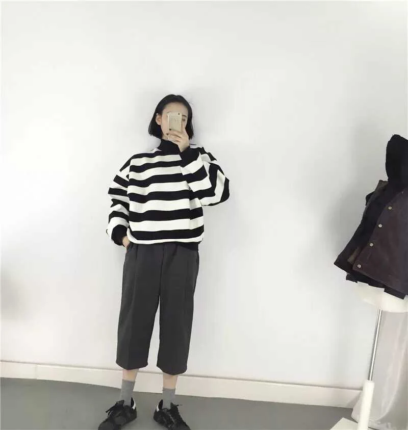YouGeMan Весна Осень корейский стиль Ulzzang Harajuku полосатый водолазка с длинным рукавом толстовки для женщин повседневные толстовки