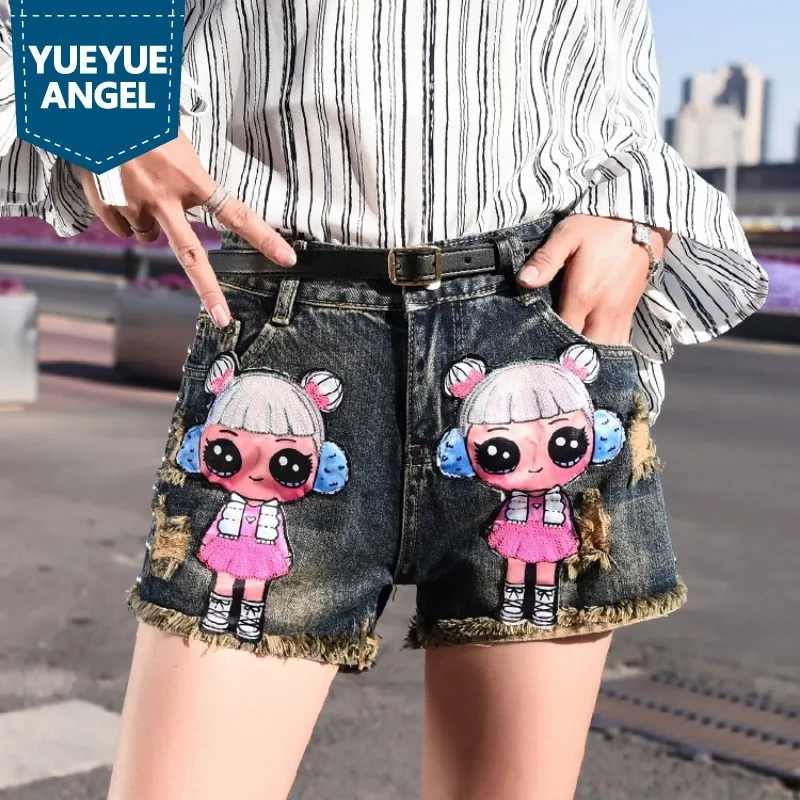 

Fashion Harajuka Cartoo Embroidery Rivet Hole Ripped Womens Denim Shorts Preppy Style Female Straight Shorts Casual Streetwear