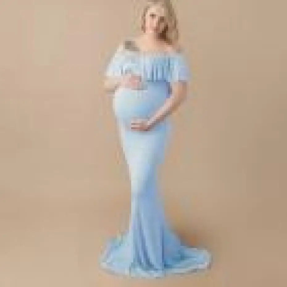 Light Blue Женское платье с открытыми плечами для фотосъемки, однотонное длинное платье для кормящих, платье макси для беременных, кружевное платье для беременных, необычная съемка - Цвет: Light Blue