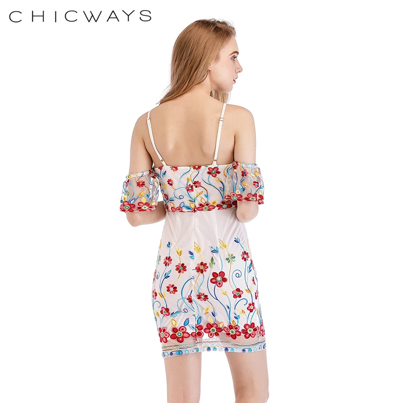 Chicways цветочные Вышитые пикантные холодное плечо короткий рукав мини
