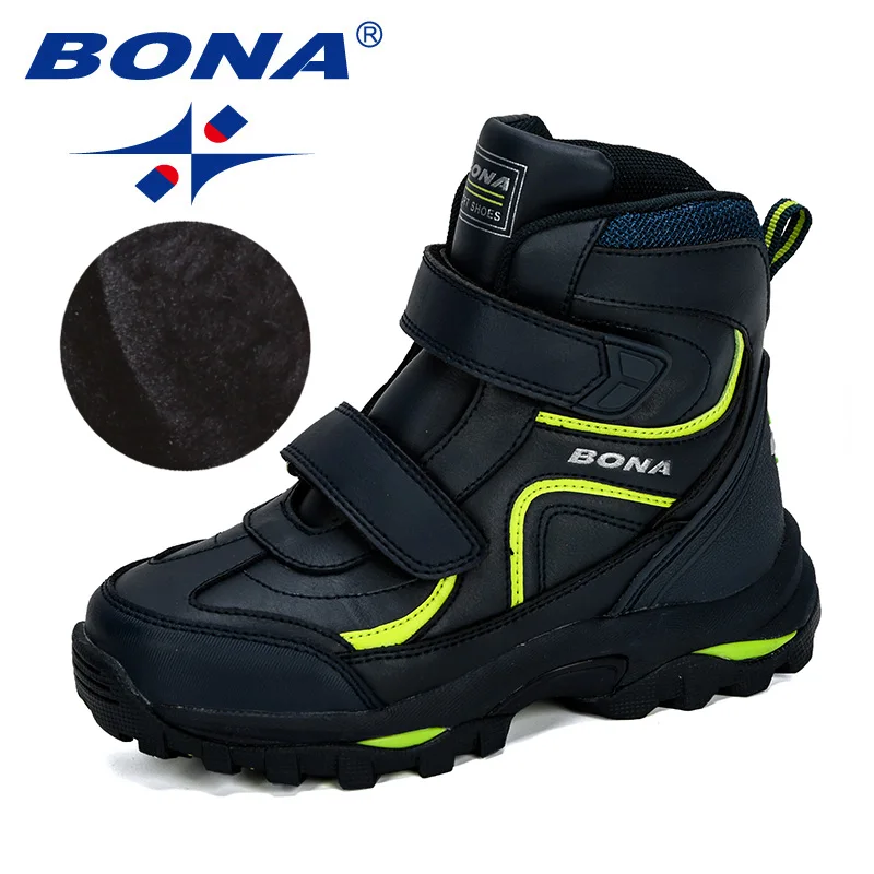 Deep blue F green BONA/ новые стильные зимние ботинки для мальчиков; детская обувь; Детские кроссовки; кожаные ботинки; плюшевые теплые удобные ботильоны на плоской подошве - Цвет: Deep blue F green
