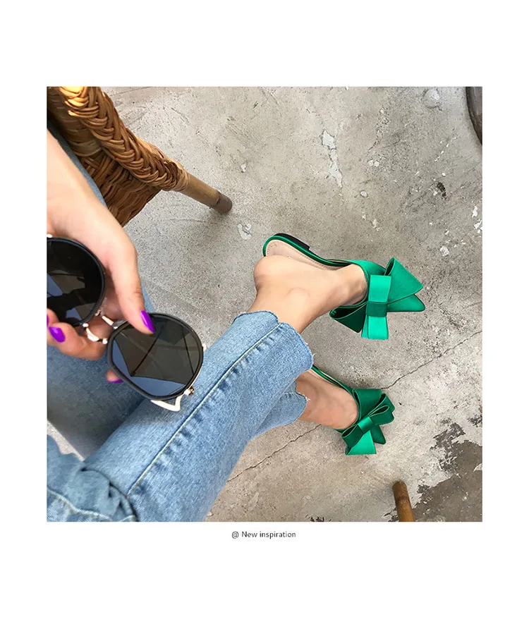 Size34-41 Для женщин обувь корейский шелк атлас Острый носок с бантом тапочки с шнурками; Baotou; Туфли без каблуков каблук комплекты Половина Тапочки сезон: весна–лето