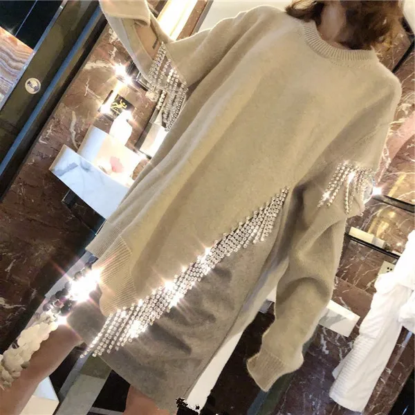 Cakucool Beading Chain Knit Tops Women Long Sleeve O-neck Sequined Slit Sweaters Shiny Jumpers Sweater Pullovers Female | Женская одежда