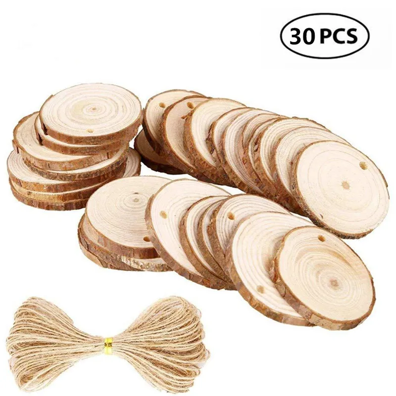 

30pcs 4-5cm Unfinished Natural Wood Slices Circles Log Discs for DIY Crafts Christmas Rustic Wedding Ornaments with Hemp Rope