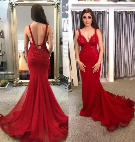 

New Beauty Tulle Red Sexy V Neck Long Formal Prom Dresses 2021 Mermaid Backless Appliques Floor Length Prom Dress HFY10501