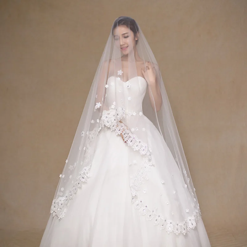 2017 цвет слоновой кости кружевная кромка длина 3 м Соборная Фата тюль кристаллы