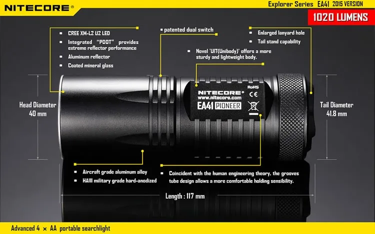 NITECORE EA41 ea41w 1020 люменов XM-L2 U2 светодиодный фонарик 4xAA для кемпинга, походов, спасательных работ, портативный тактический фонарь
