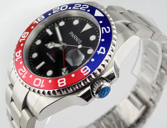 Часы Parnis 40 мм GMT с красной и синей рамкой сапфировым датчиком автоматический