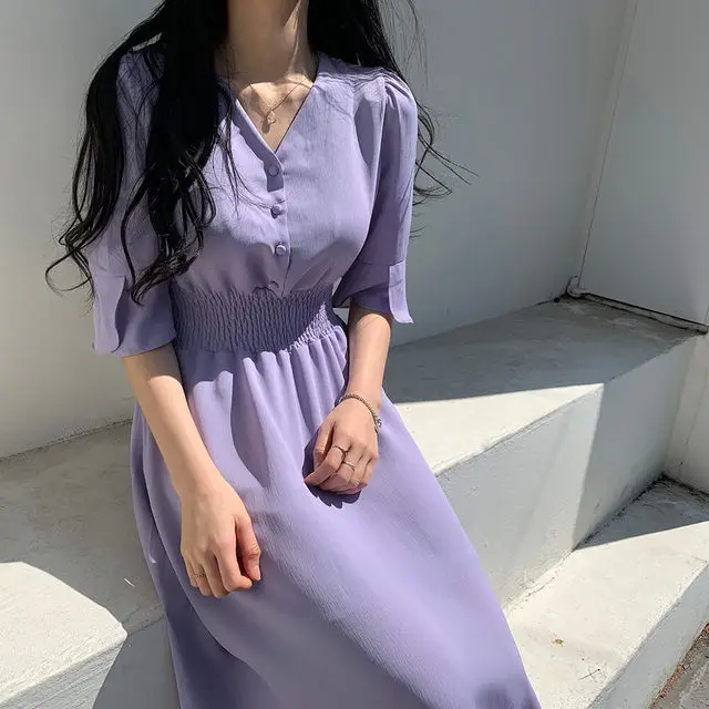 GRUIICEEN elastic waist V-neck women summer dress single breasted solid color ladies dresses 2019 new arrival GY2018712 | Женская одежда
