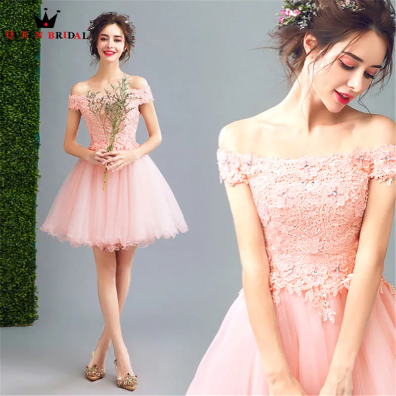 QUEEN BRIDAL Evening Dresses Short Pink Tulle Lace Elegant Women Prom Party Dress Gown 2020 NEW Vestido De Festa JW33 | Свадьбы и