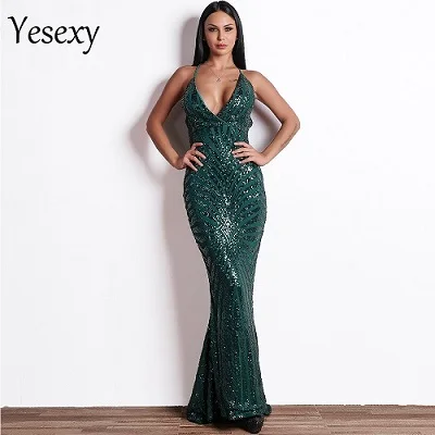 Yesexy, летнее Сексуальное Женское Платье для вечеринки, глубокий v-образный вырез, элегантное ретро платье с открытой спиной, с блестками, облегающее Макси платье для вечеринки, vestidos VR8928-3 - Цвет: Green