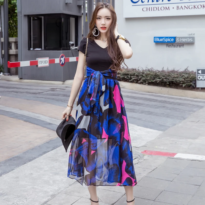 2018 summer new Korean short sleeved V collar slim Fashion Print Dress Chiffon dress female | Женская одежда