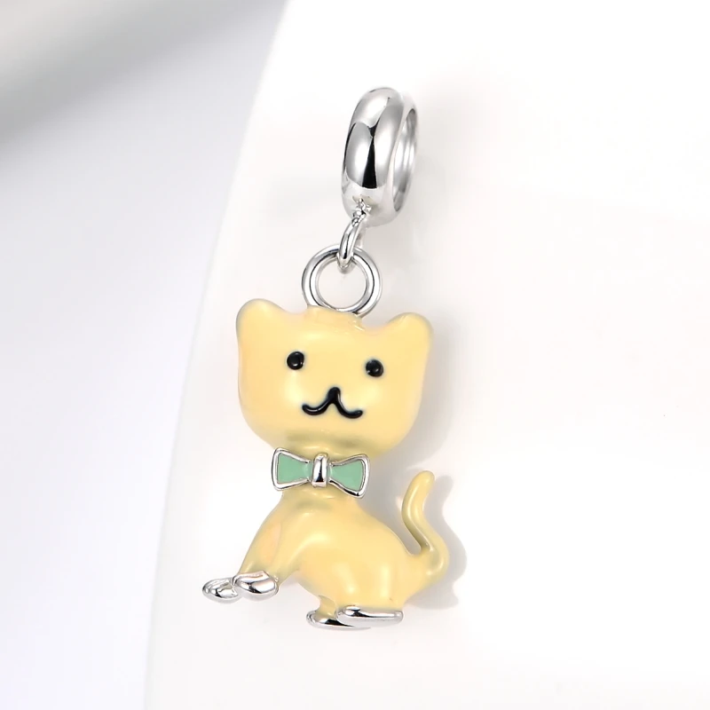 Новый оригинальный дизайн желтый Эмаль 100% 925 Настоящее серебро Cat Шарм Браслет Fit