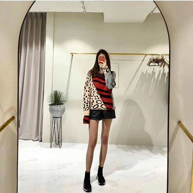 7Mang 2019 Streetwear Contrast Color Vintage Leopard Sweater Women Long Sleeve Korean Loose Harajuku Knit Pullover 0102 | Женская одежда