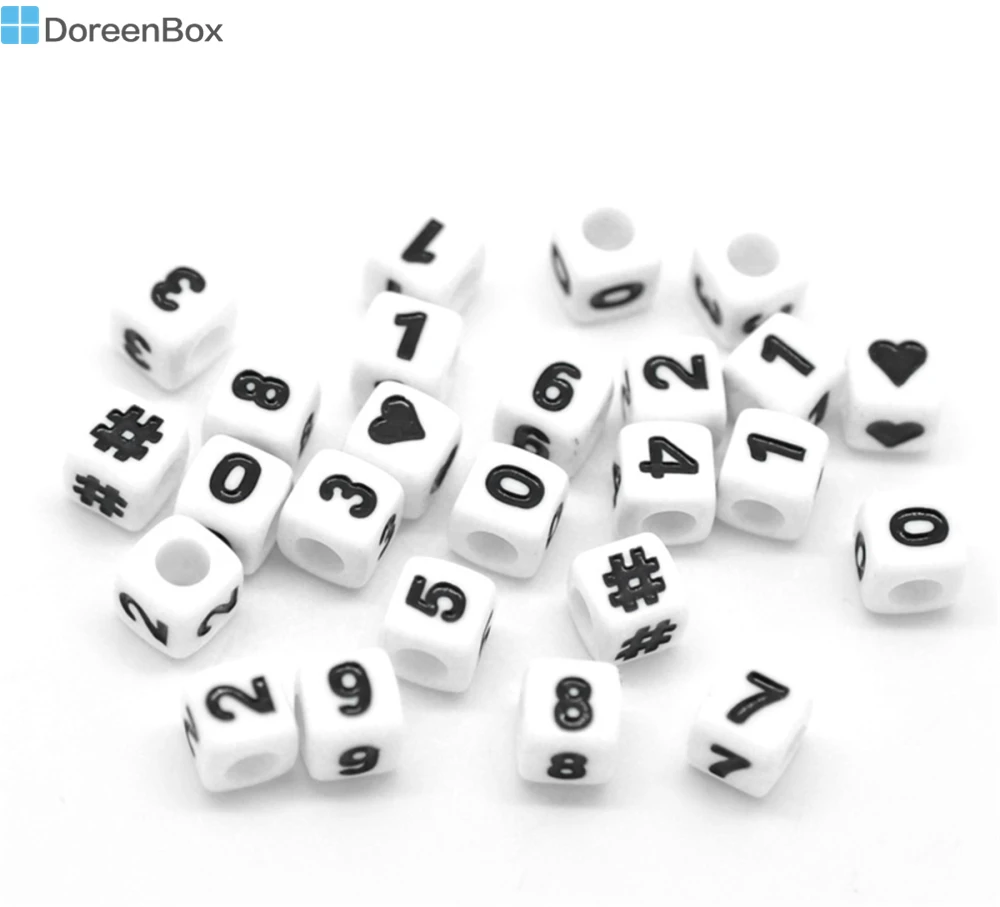 Doreen Box,, белые кубические бусины с цифрами и символами 7x7 мм(1/" x1/4"), 300 шт(B17940